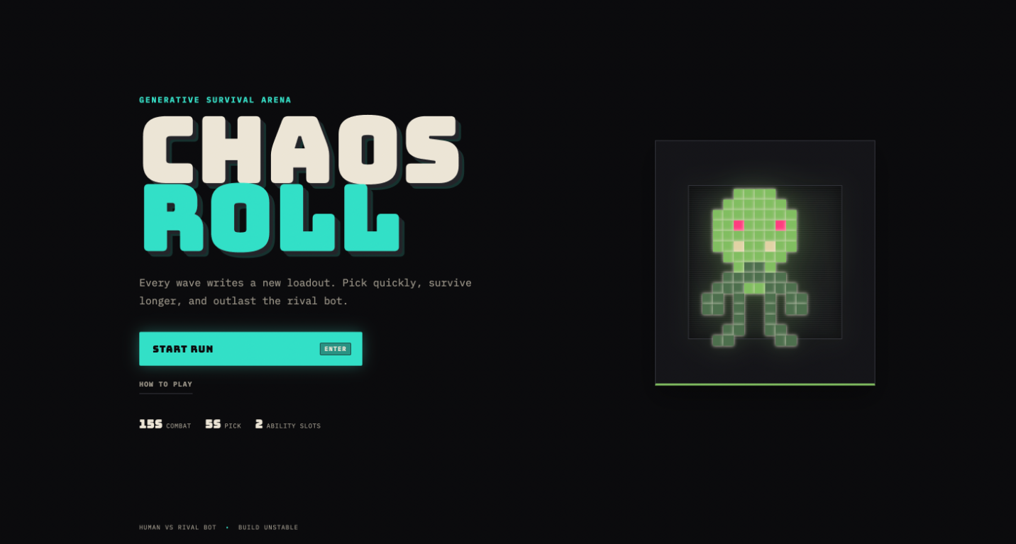 Chaos Roll title screen: a generative survival arena with a pixel-art character and a start run button.